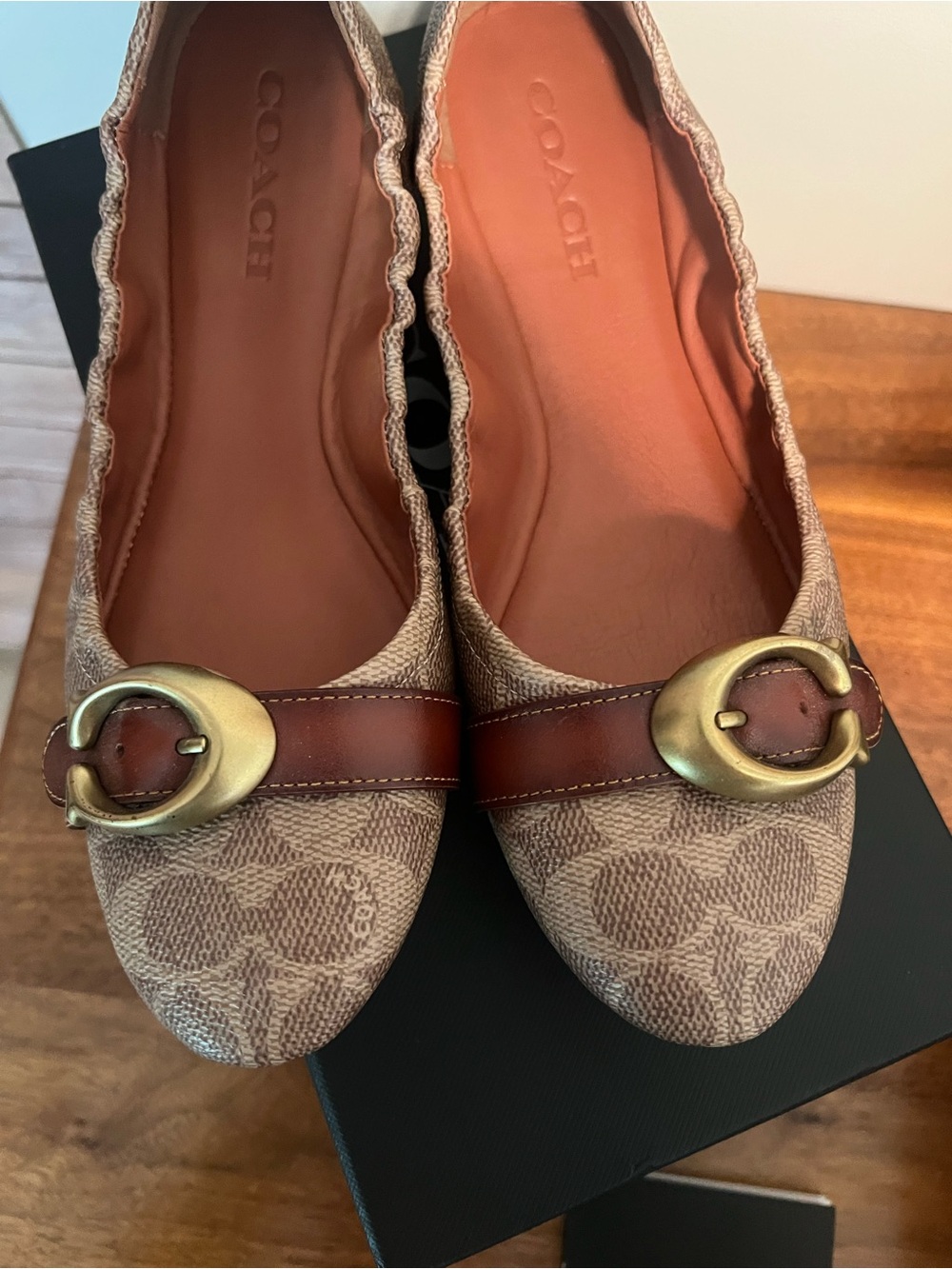 Coach Signature Canvas Ballet Flats with Brown Leather Trim & Gold Buckles